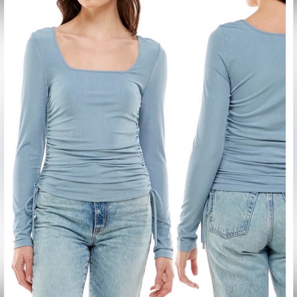 WAYF Blue Cinched Side Square Neckline Long Sleeve Shirt